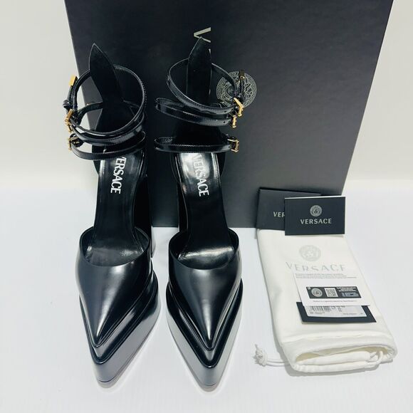 NIB Versace Aevitas IT 38.5 US 8.5 Pointed Platform Black Strappy Pumps $1,825 - Picture 8 of 16